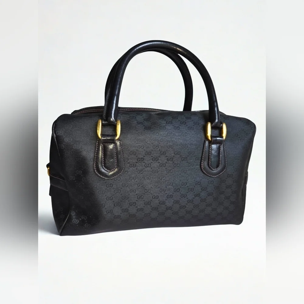 Gucci Vintage Boston Bag â Black Monogram Canvas w/ Gold Hardware - Picture 5 of 9